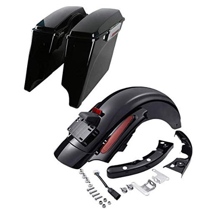 SLMOTO Saddle Bags, Motorcycle Saddlebags Bag Fender, Gloss Black 5" Stretched Saddlebags Rear Fender Fit For Harley Touring Road King 09-13 - color: Saddlebags + Red Fender Lens