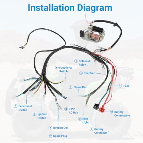 EOPOAYI Complete Wiring Harness Kit Compatible with Tao tao Coolster 125cc Chinese ATV 4 Stroke Quad 4 Wheeler Parts with Starter Solenoid Relay Ignition Coil CDI Box Stator Voltage Regulator