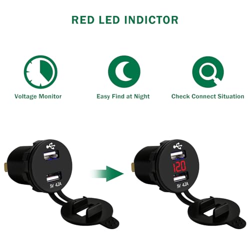 LENKRAD 4.2A USB Charger, Waterproof DC 12V Volt Meter Red Digital LED,Dual 2.1A Motorcycle Charge Port Outlet, Marine 24V New Energy USB Socket for RV Golf Cart Boat - color: Red