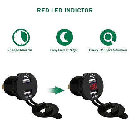LENKRAD 4.2A USB Charger, Waterproof DC 12V Volt Meter Red Digital LED,Dual 2.1A Motorcycle Charge Port Outlet, Marine 24V New Energy USB Socket for RV Golf Cart Boat - color: Red