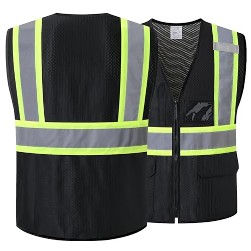 Reflective Safety Vest for Men Women Hi Vis Vest with Pockets High Visibility Vest Mesh Construction Vests Meets ANSI/ISEA Standards (Black-33, Large) - color: Black-33, size: Large
