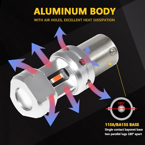 PHINLION 3600 Lumens 1156 P21W Red LED Light Bulbs, Super Bright 3497 2396 7506 LED Replacement for Car Truck Motorcycle Brake Tail 3rd Center High Mount Stop Lights - color: Red