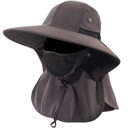 Mens Women Fishing Hat UPF 50+ Wide Brim Sun Hat with Face Cover & Neck Flap - color: Dark Gray