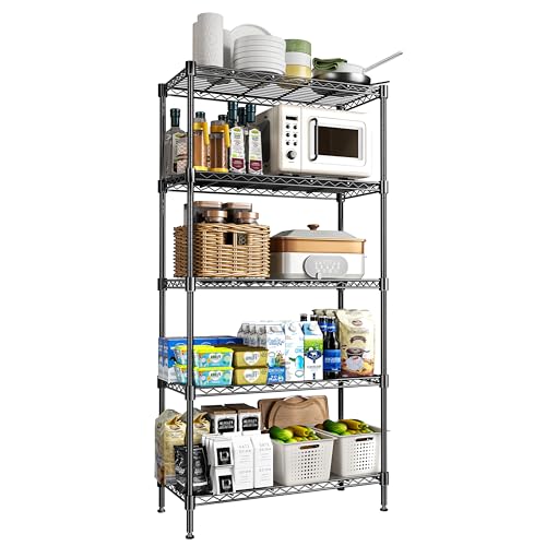 72" H Storage Shelves 5 Tier Wire Shelving with Shelf Liners, Adjustable Metal Garage Shelving, 1325LBS Heavy Duty Commercial Storage Rack for Pantry Kitchen, 35" W x 16" D x 72" H, Black - size: 35" W x 16" D x 72" H-5 Tier