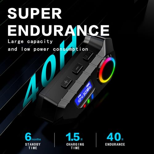 Docooler BT5.4 Motorcycle Helmet Headset with Color Ambient Lights, Wireless Motorcycle Earphone with FM Radio, LCD Display, Noise Reduction, Voice Assistant, Hard Soft Microphone, IP65