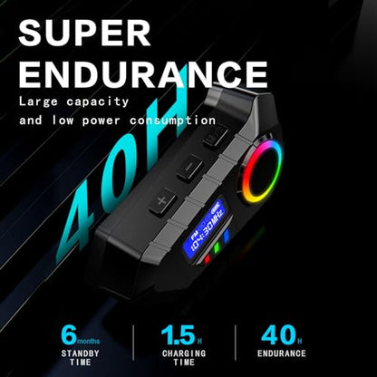 Docooler BT5.4 Motorcycle Helmet Headset with Color Ambient Lights, Wireless Motorcycle Earphone with FM Radio, LCD Display, Noise Reduction, Voice Assistant, Hard Soft Microphone, IP65