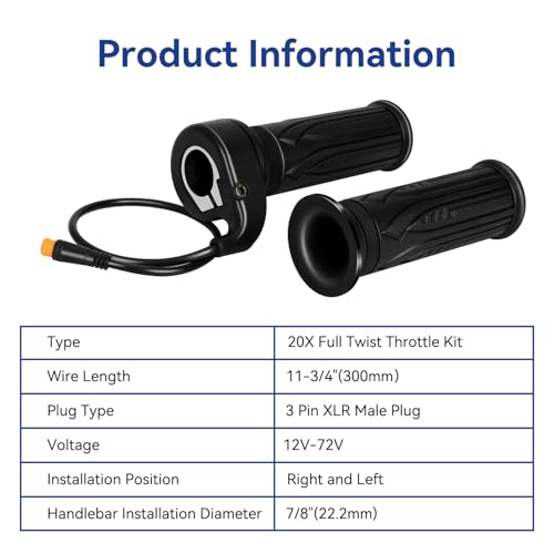 Universal 3 Pin Ebike Throttle Full Twist Compatible with Electric Bike Scooter Bicycle Motorcycle 12V 36V 48V 72V, 20X E Bike Throttle Grip Kit Replacement for Folding Mountain Bike Male