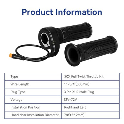 Universal 3 Pin Ebike Throttle Full Twist Compatible with Electric Bike Scooter Bicycle Motorcycle 12V 36V 48V 72V, 20X E Bike Throttle Grip Kit Replacement for Folding Mountain Bike Male