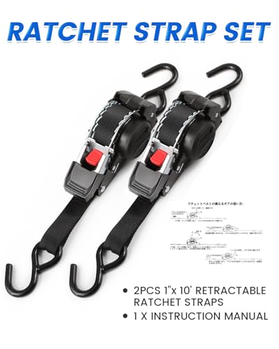 GAsupply 1" x 10ft Retractable Ratchet Straps Black, Heavy Duty Auto-Retracting Tie Down Straps for Truck, Cargo, Motorcycle – 1543 lbs Break Strength, 2 Pack - size: 2 PACK