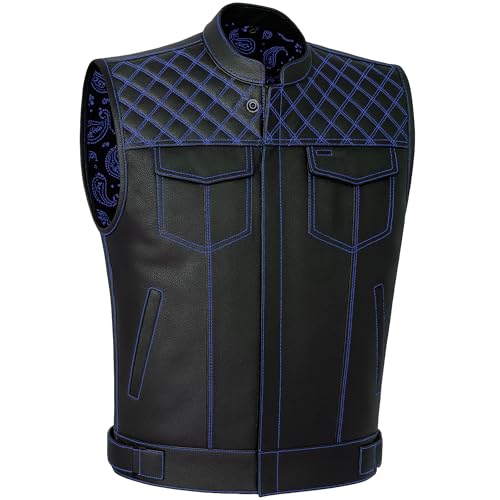 Jackets 4 Bikes SOA Men's Motorcycle Vest, Geniune Buffalo Leather, Back Armor, Inside Pockets, Motorbike Riding Club Vests Paisley Blue XL - color: Paisley Blue, size: X-Large