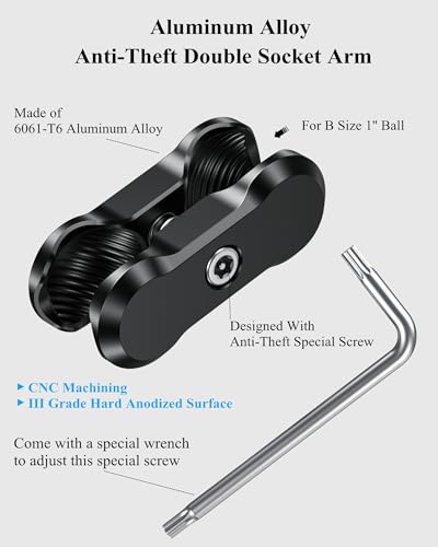 BRCOVAN Aluminum Alloy Anti-Theft Double Socket Arm | Compatible with RAM Mounts B Size 1'' Ball Components & Bike Motorcycle Phone Mount Holder with 1'' Ball Adapter