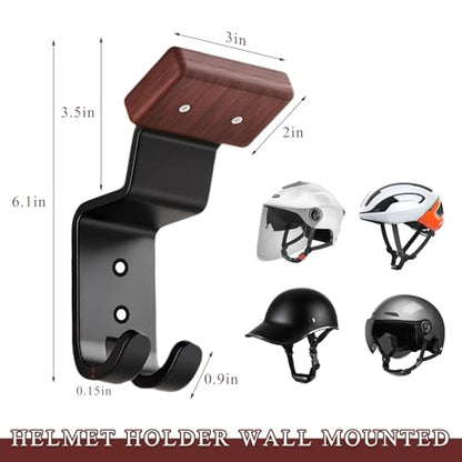 Helmet Holder Wall Mount, Motorcycle Helmet Holder Headgear Rack with Double Hooks, Solid Wood & Strong Steel Helmet Display Hanger Hooks for Football Helmet Jacket Coats