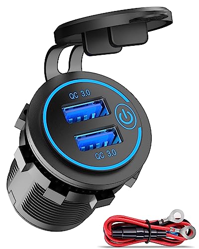 QC3.0 Dual USB 12V DC Outlet with Touch Switch: 12 Volt Marine Socket Golf Cart USB Port Car Charger Waterproof Power Adapter Cigarette Lighter Mount Fast Charge for Boat Motorcycle ATV RV