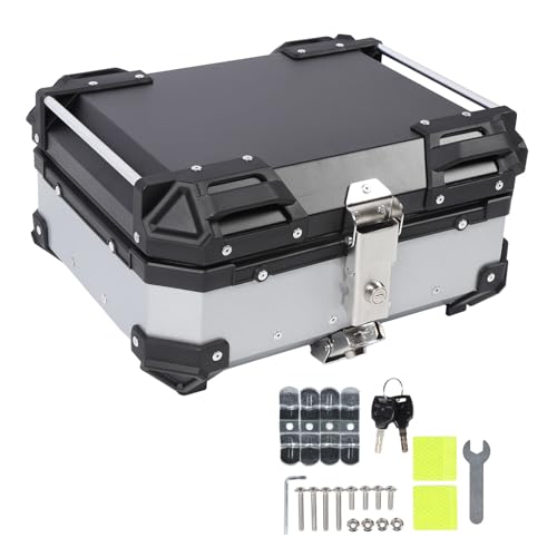 25L Motorcycle Top Box, Aluminum Alloy Quick Release Water Universal Rear Trunk Case with Safety Lock and Reflective Stickers, for Helmet Luggage Scooter Motorbi (Silver)