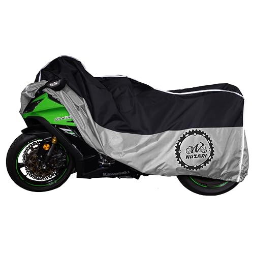 Heavy Duty Motorcycle Cover, Totally Breathable, Reflective Strips, Elastic Bottom, Luggage Strap, Lockable Grom, Durable Sewn Cutouts, Outdoor, Waterproof Cover (Black/Silver, Medium) - color: Black/Silver, size: Medium
