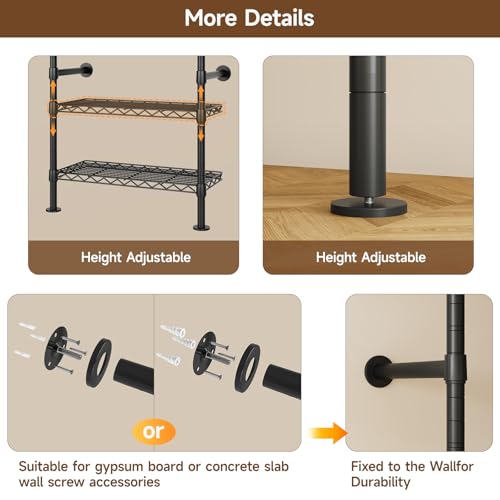 ONBRILL H4 Wall Mounted Closet System, Expandable Industrial Pipe Clothes Rack Clothing Rack for Hanging Clothes, Heavy Duty Closet Organizers and Storage in Wardrobe Closet - color: Black