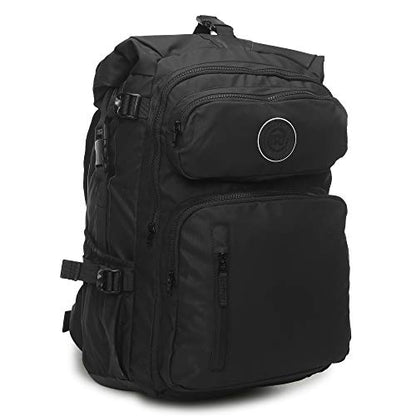 Royal Enfield Roll Top Backpack Black Waterproof 100% Polyester Motorcycle Bag Heavy-Duty Adventure Backpack Large Capacity Travel Pack for Bikers Hiking Camping Touring Outdoor Commuting