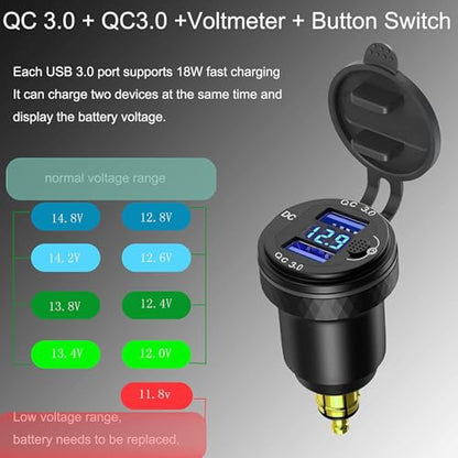 Hella Din Motorcycle USB Charger (NOT for Car Cigarette Socket) – Dual USB-A QC3.0 18W Waterproof Charger w/Switch & Voltmeter for BMW Ducati Triumph