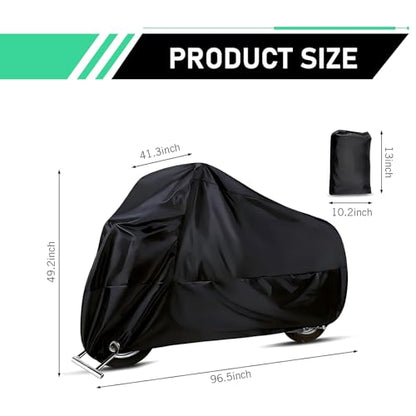 Motorcycle Cover, All-season Waterproof Protective Outdoor Shield with Lock-holes, Polyester Motorbike Cover with Storage Bag, for Up to 49.2" x 96.5" Motorcycles (Black)