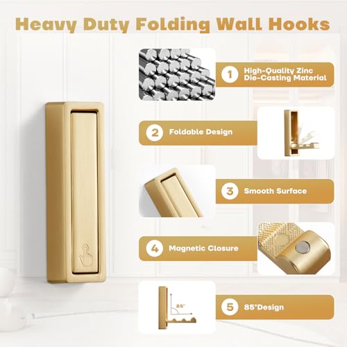 Folding Coat Hooks, 4Pcs Foldable Heavy Duty Wall Hooks Zinc Alloy No Rust Fold Up Hooks for Coat, Towel, Key, Hat, Bag, Jacket, Backpack. (Gold) - color: Gold, size: 4