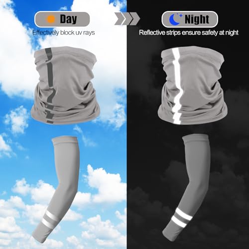 10 PCS UV Protection Reflective Strap Arm Sleeves and Neck Gaiter Reflective Safety Bandana for Outdoor Activities - color: Light Grey + Dark Grey + Black