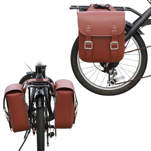 Japard Leather Motorcycle Saddlebags, Retro Bicycle Rack Bag, 2 Pcs Pannier Rear Rack Bike Bags, Biker Side Bags, Brown