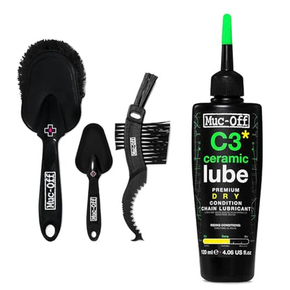 Muc-Off C3 Ceramic Dry Chain Lube 120ml + 3X Premium Bike Brush Set | Premium Bike Chain Lubricant with UV Tracer Dye | Ideal for Dry and Dusty Conditions - size: 120ml + 3 Brush Set