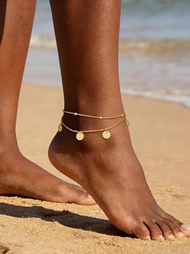 U7 Silver/Gold Ankle Bracelets for Women Layered Chain Anklets Stainless Steel Waterproof Summer Beach Anklet Cham, Adjustable 8.5"-10.5" - color: Gold - Ball Chain+Paperclip Chain