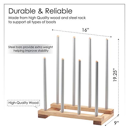 4-Pairs Birch Wood and Steel Boot Rack, Free Standing Space Saving Shoes Storage Organizer for Tall Knee-High, Hiking, Riding, Rain or Work Boots [KEEP BOOTS STRAIGHT][HOLD TALL BOOTS]