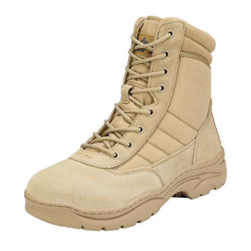 NORTIV 8 Men's Military Tactical Work Boots Side Zipper Leather Motorcycle Combat Boots Trooper - color: All Sand, size: 9.5