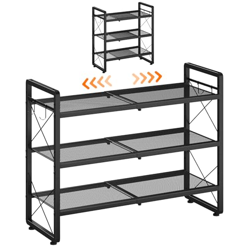 ELYKEN Shoe Rack, 3-Tier Expandable Shoe Organizer for Entryway, Metal Black Shoe Shelf with 4 Hooks, Ajustable Shoe Stand Holder for Closet, Garage, Door Entrance - size: 3-Tier