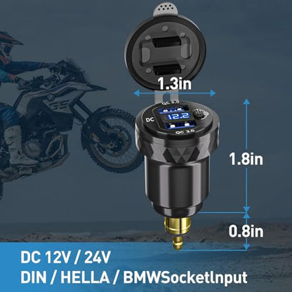 Hella Din Motorcycle USB Charger (NOT for Car Cigarette Socket) – Dual USB-A QC3.0 18W Waterproof Charger w/Switch & Voltmeter for BMW Ducati Triumph