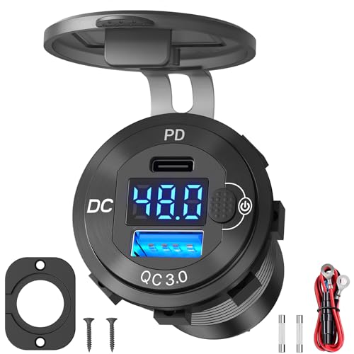 High Voltage USB Outlet 12V 24V 36V 48V 60V Aluminum Car Charger Socket, PD 30W USB C and QC 36W Car USB Port Waterproof Cigarette Lighter Power Adapter DIY Kit with Button Switch for Ship Truck, etc. - color: 1 Pack