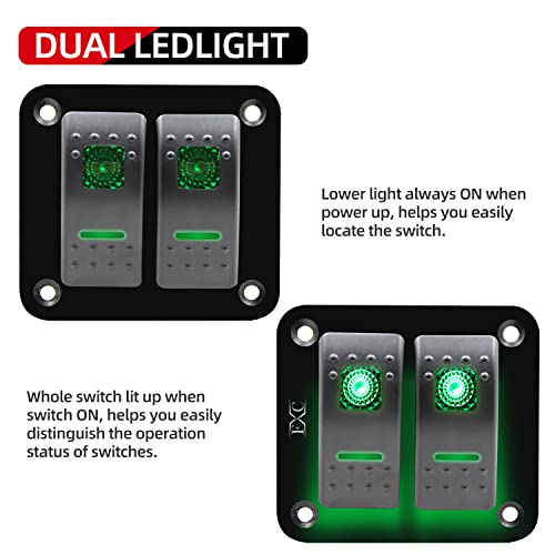 FXC Rocker Switch Aluminum Panel 2 Gang Toggle Switches Dash 5 Pin ON/Off 2 LED Backlit for Boat Car Marine Green - color: 2Gang Green, size: 2 Gang