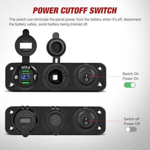 Nilight 4 in 1 Charger Socket Panel Dual QC3.0 USB with LED Voltmeter Display and Cigarette Lighter Power Cutoff Switch for CarsTrucks UTV ATV - color: Dual USB w/Switch