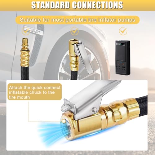 12'' Tire Inflator Extension Tube, Tyre Pump Quick Inflation Chuck Adapter with Presta Valve, Portable Clip On Connector High-Pressure Tube, Auto Maintenance Accessory for Car Motorcycle
