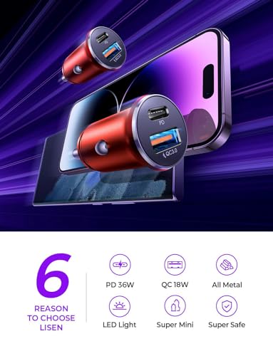LISEN 2-Pack USB C Car Charger Adapter Fast Charge, 48W All Metal Cigarette Lighter USB Charger for iPhone 15 Smallest Flush Car Charger USB C for iPhone 14 Pro Max 13 12 Galaxy S23/22 iPad Pro-Red | Cigarette Lighter USB Charger, Car Accessories for Men