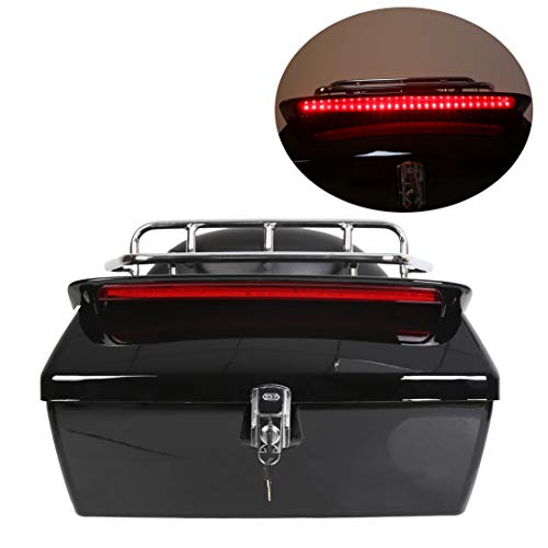 ECOTRIC Black Universal Hard Saddle Bag Trunk Tail Box w/Top Rack & Backrest & Tail Light Compatible with Yamaha Cruiser - color: Black, size: Trunk 50L & Saddlebags 35L