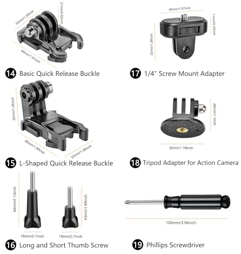Helmet Clamp Mount for GoPro Go Pro with 360° Rotating Bracket, Curved Flat Adhesive Mounts, Quick Release Buckle, Thumb Screw, Tripod & 1/4" Screw Mount Adapter Kit for Phone Action Camera DJI