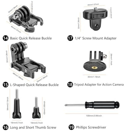 Helmet Clamp Mount for GoPro Go Pro with 360° Rotating Bracket, Curved Flat Adhesive Mounts, Quick Release Buckle, Thumb Screw, Tripod & 1/4" Screw Mount Adapter Kit for Phone Action Camera DJI