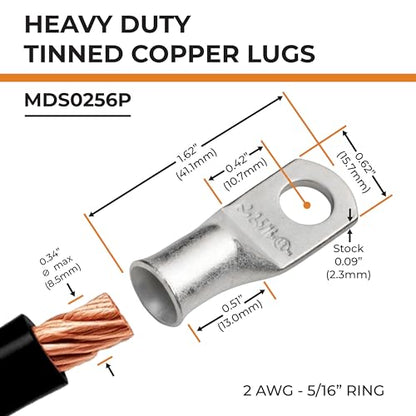 SELTERM 25pcs 2 AWG 5/16" Stud Marine Grade Tinned Copper Battery Cable Lugs, 2 Gauge Ring Terminals, UL Wire Lugs Electrical Battery Cable Ends, Tinned Copper Lugs Battery Terminal Connectors - size: Select