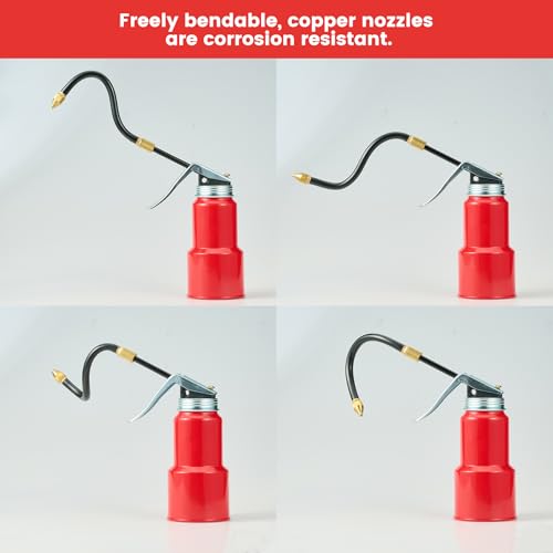 2-Pcs Oil Can Hand Pump Oiler Metal Pump Oil Can 8oz. (250ml) with Metal Straight & Long Flex Spout - color: 2 Red 8oz.