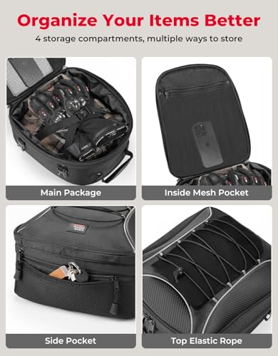 KEMIMOTO Motorcycle Tail Bag, Dual Use Motorcycle Rear Seat Bag with Waterproof Rain Cover, 22L-34L Expandable Motorbike Helmet Bag Luggage Storage Backpack with 6 straps - size: 22L-34L