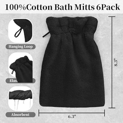 VOOVA & MOVAS Black Washcloths for Body 6PC, 8.3"x6.3" - 100% Cotton,Soft Absorbent Bath Mitt Wash Cloths with Hanging Loop, Bath Mitts for Shower - color: Black