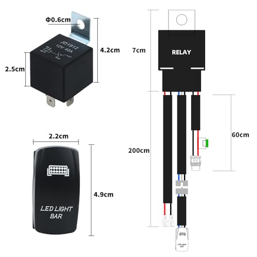 Generic Single-Output LED Light Bar Wiring Harness Kit, 12V 180W, with ON-Off Panel Switch (LED Symbol), 5-Pin Relay and Fuse