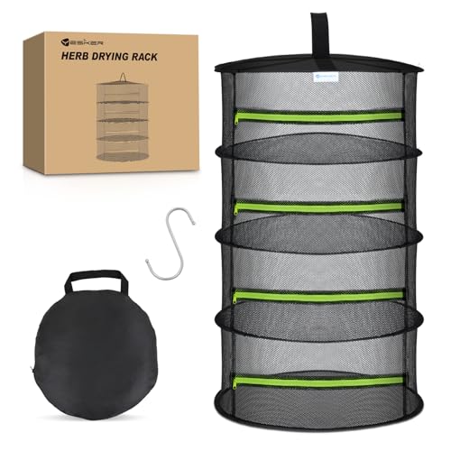 Yesker 4 Layer Herb Drying Rack Hanging Mesh Net Foldable Plant Drying Racks 24" Diameter with Green Zipper & Hook Dryer Hanging Rack for Herbs Seed Bud Fruit Clothes Grow Tent Closets Garden Outdoor - size: 4 Layers Fluorescent Green & Black with Hook