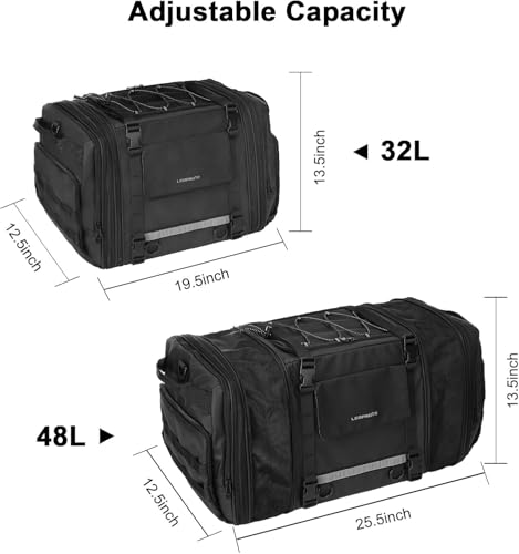 Motorcycle Tail Bag, 32-48L Waterproof Large Capacity Motorcycle Travel Luggage Bag, Rear Seat Bag with Rain Cover and Shoulder Strap, Black