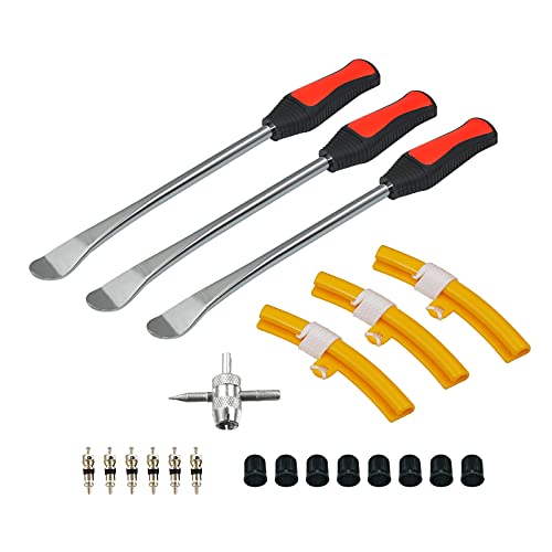 Tire Spoons Tool Set, Professional Tire Changing Kit for Dirt Bike, Motorcycle, Wheelchair, Lawn Mower, Tractor, 3X Tire Spoons, 3X Rim Protectors, 1X Valve Tool, 6X Valve Cores (Basic Sets)