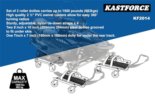 Snowmobile Dolly Heavy Duty Carries up to 1500 lbs (682 kg) V-Slide with 2.5” Nylon Swivel Casters Rubber Pad Protecting Skis and 2 Pairs of Heavy Duty Straps Firmly Attaching on Skis KF2014