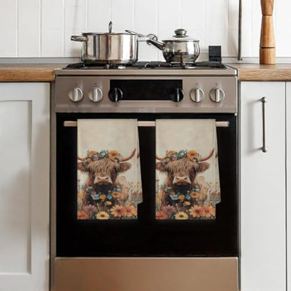 Highland Cattle Kitchen Towels Set of 2 Highland Cow Sunflower Dish Towels Bar Absorbent Cleaning Tea Towel for Home Dining Restaurants - color: Brown Beige